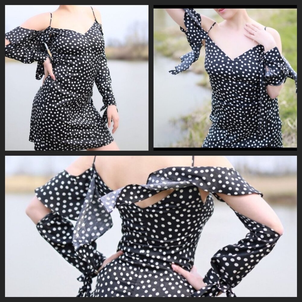 Summer Polka Dot Mini Dress Black & White Light Flowy Off Shoulder Sleeve Straps